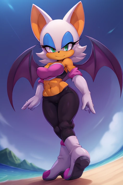 a digital artwork of Rouge the bat with long boots, gloves, and abs wearing a crop top of her outfit with black pants, a bare midriff and a bare navel , digital art, ((perfect face)), ((best quality)), ((masterpiece)), she has a tan midriff, bat wings,
