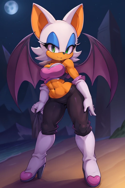 a digital artwork of Rouge the bat with long boots, gloves, and abs wearing a crop top of her outfit with black pants, a bare midriff and a bare navel , digital art, ((perfect face)), ((best quality)), ((masterpiece)), she has a tan midriff, bat wings,
