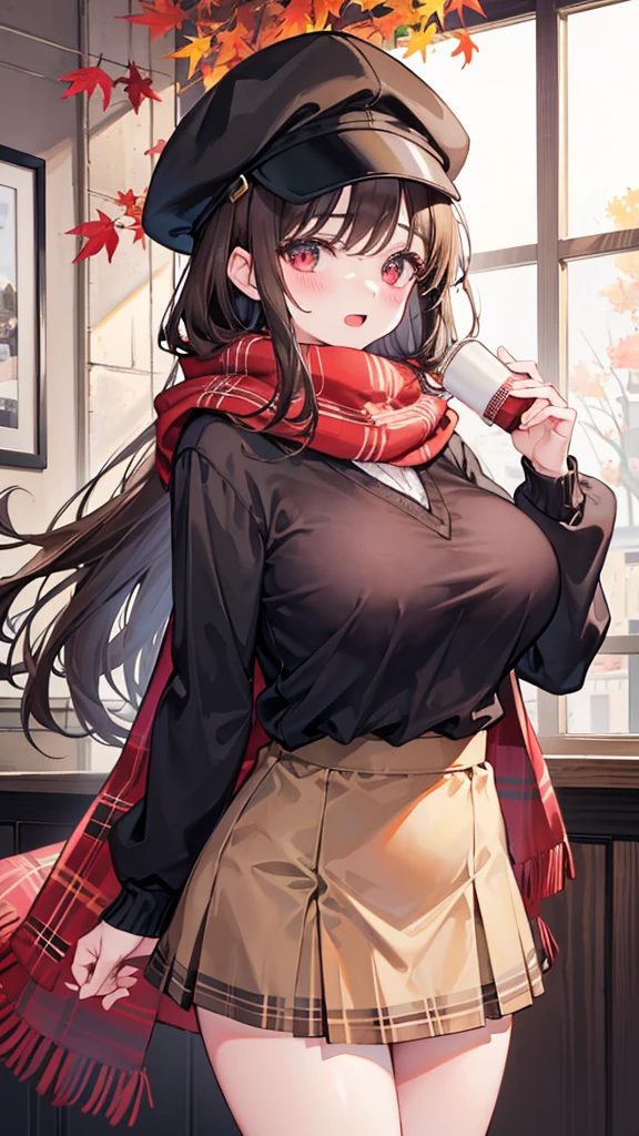 1 girl, Autumn leaves, hits, black hats, blurred background, blush, Ojos Cafés, Brown hair, brown scarf, brown Skirt, cardigan, Café, cowboy shot, cup, disposable cup, to drink, Leaves falling, cap, tenure, tenure to drink, move, wide, long sleeves, looking at the viewer, open cardigan, Open mouth, tartan, tartan Skirt, puffy long sleeves, red sweater, scarf, shirt, shirt tucked in, Side locks, Skirt, SMILE, Alone, sweater, white shirt, extremely detailed, intricate, Masterpiece, absurdities, huge tits, lingerie , camel toe