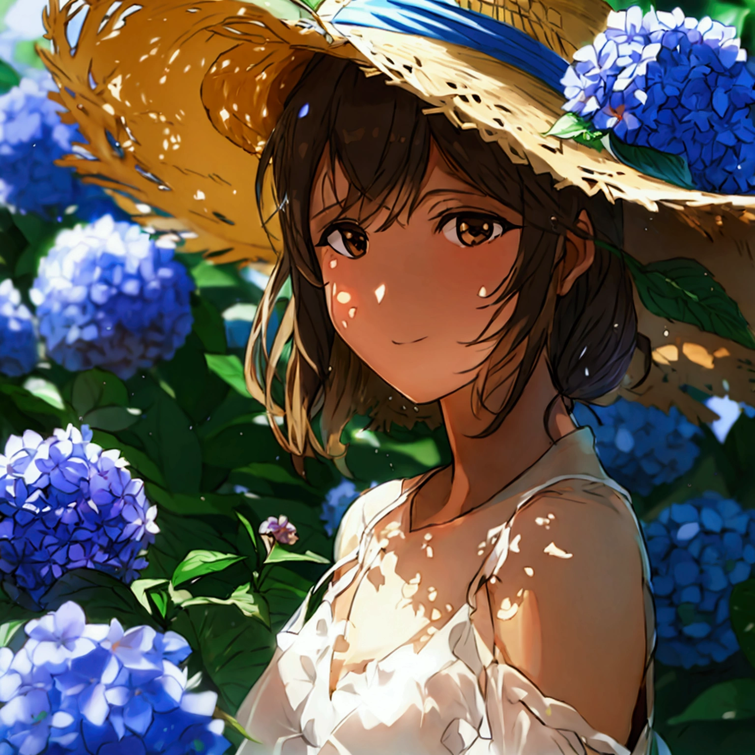 Summer Straw hat girl Brown hair Hydrangea flower Nostalgic