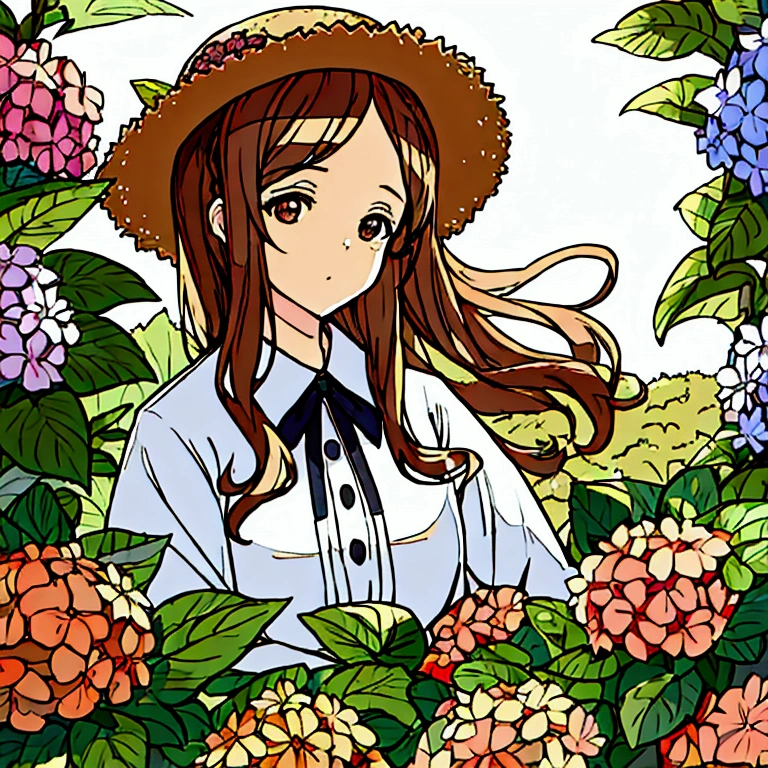 Summer Straw hat girl Brown hair Hydrangea flower Nostalgic
