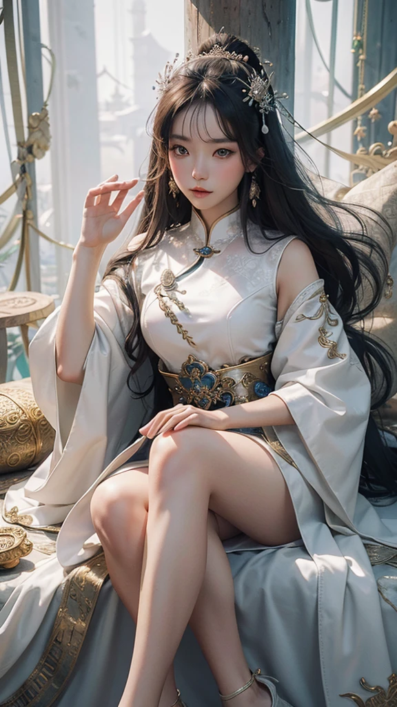 Ancient Chinese girl with goddess clothes, majestic appearance, domineering, White clothes of empress, heavy clothes and jewelry including in legs, exquisite ,fair white detailed skin, well makeup, natural power,magical land,magical beast, beautiful weapon,majestic eyes, attitude face expressions, long sleeves of clothes both of hands and legs, crystal white jade shoes, high resolution, high pixel, high quality, photography, detailed fantasy art, dream,A domineering Empress