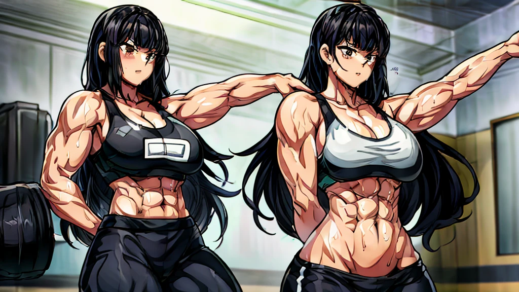 anime style, manga characters,black hairIndoor sports gym, training gym, barbell, dumbbell,Muscle girl sports bra training pants abs training barbellAccurate drawing, fine lines, beautiful featuressweat a lotblurry backgroundUnreal Engine Masterpiece, 80,