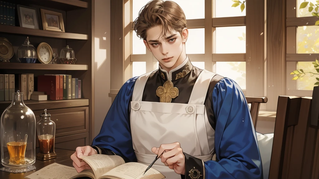 masterpiece, Best quality, realistic, ((One, 1 person)), Mature man, Quiet and charming young man, 25 years, waist up very detailed face, narrow shoulders, thin, Middle Ages, 19th century,, ((golden eyes)), ((Short, light brown hair combed to the right)), [thick eyebrows], in an apron, Cinematic lighting, I look at the audience, posture dynamics, dress the doctor, monocle, In the hands of a book, behind there is a table with medicines and flasks, books, standing indoors