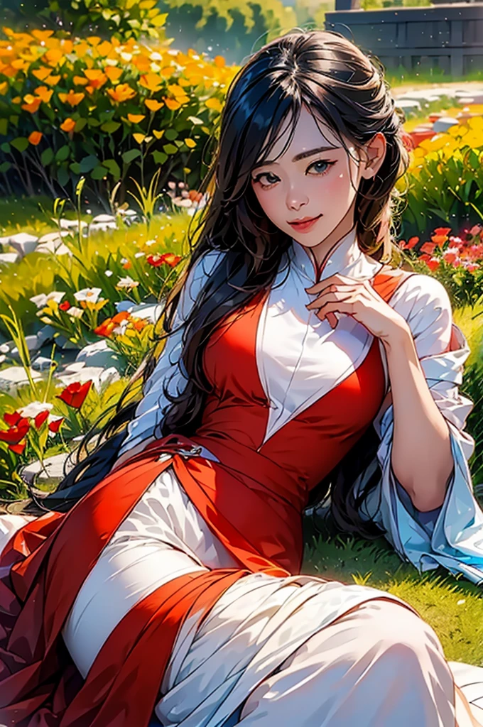 (in 8K、top-quality、​masterpiece:1.2)、A red rose in a garden behind it