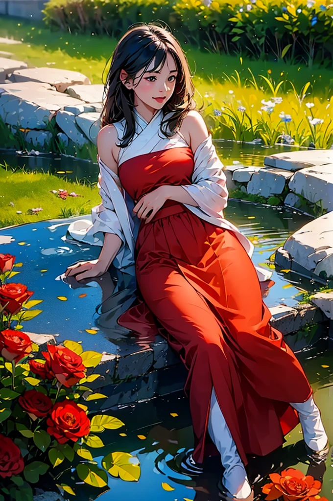 (in 8K、top-quality、masterpiece:1.2)、A red rose in a garden behind it