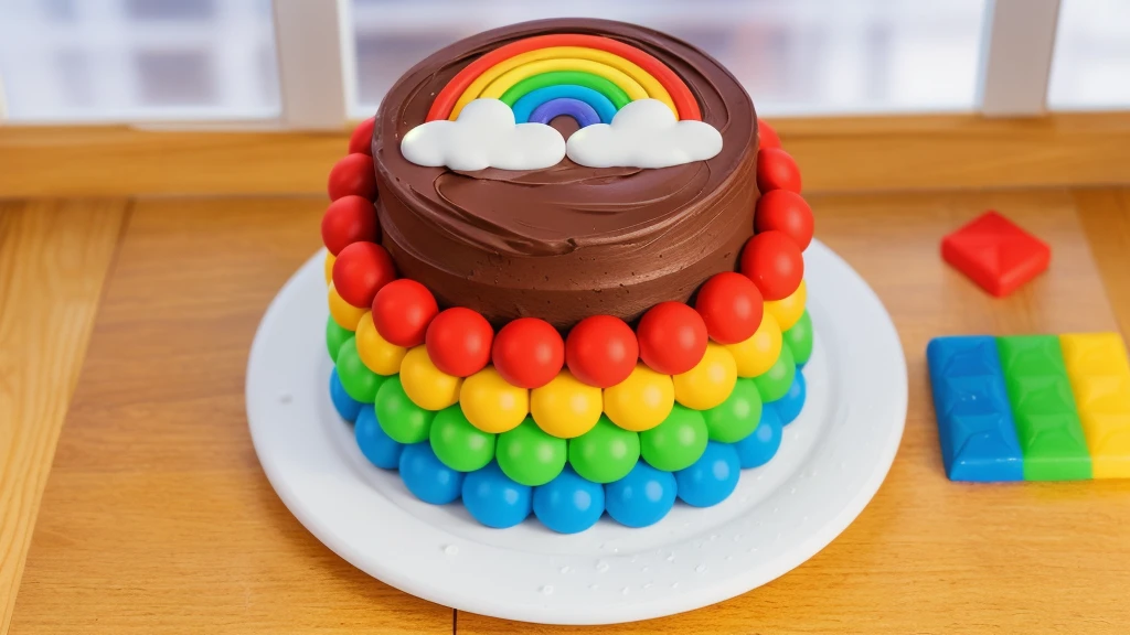 on a wooden table, on a white plate, a chocolate cream cake, candy candies around the cake, a cloud and a rainbow made of polymer clay on the cake, window light, bright lights, soft light, window light, professional lighting, light from the window, neat light, realistic texture, realistic style, detailed texture, high quality, high resolution, high quality rendering, realistic photo, brightning light, macro photo
