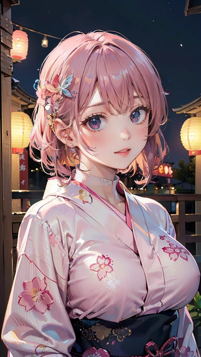 (Masterpiece, BestQuality:1.3), (ultra detailed:1.2), (hyperrealistic:1.3), (RAW photo:1.2), High detail RAW color photo, professional photograph, (Photorealistic:1.4), (realistic:1.4), professional lighting, perfect anatomy, (Big Breasts:1.2), (blush, detailed face), (cheerful Smile:1.5), (Pink Hair:1.5), Trending Hair&Trending Hairカラーをランダムに, earrings, necklace, bracelet, sexly, erotic sexly, Random sexy gravure poses, (A beautiful woman in a yukata is smiling elegantly at a fireworks festival。Wearing pearl hair accessories、Posing with a fan in one hand。: 1.3)