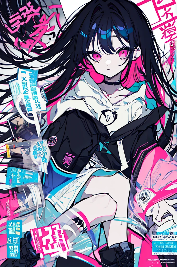 {{masterpiece}}, The best quality of life,、((Black long hair、Inside is blue、)Half-up twin ponytails)、(Pink Eyes)、big black earrings、Black choker、Beautiful details in the eyes、White background、Anime characters、((Black tube top、hot pants、Punk Fashion、A hoodie with long sleeves that cover your hands、Black short boots、Knee socks)、(Expressionless girl)、(White background)、(())