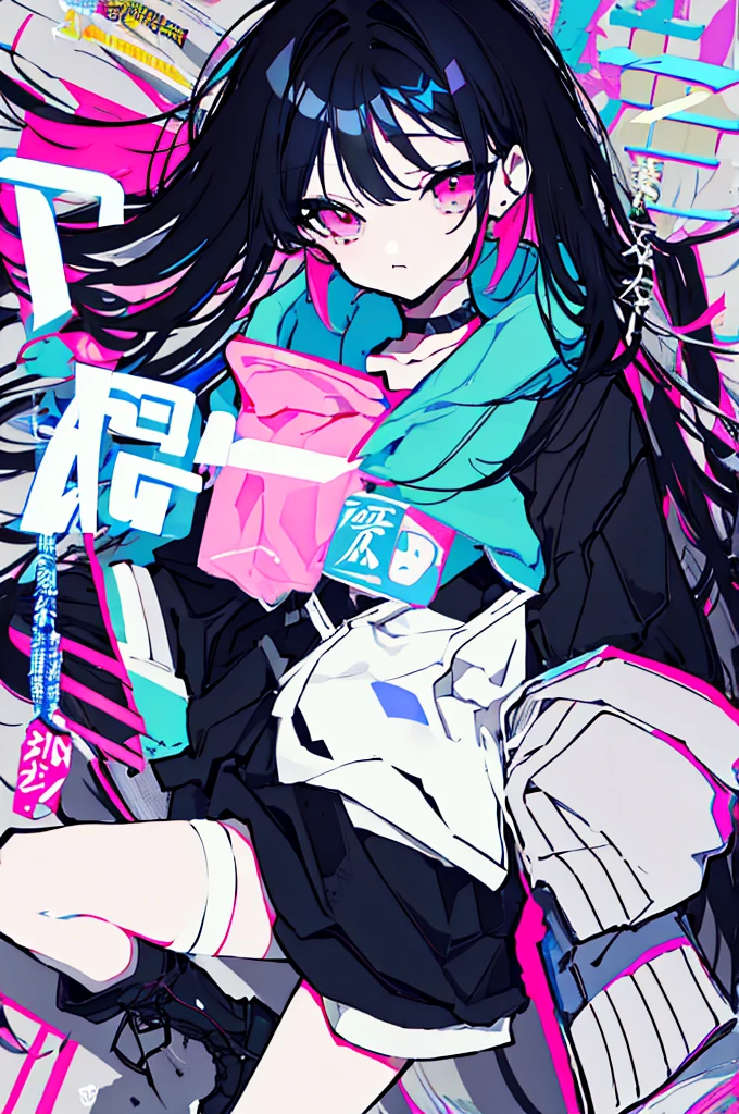 {{masterpiece}}, The best quality of life,、（（Black long hair、Inside is blue、）Half-up twin ponytails）、（Pink Eyes）、big black earrings、Black choker、Beautiful details in the eyes、White background、Anime characters、（（Black tube top、hot pants、Punk Fashion、A hoodie with long sleeves that cover your hands、Black short boots、Knee socks）、（Expressionless girl）、（White background）、（（16-year-old girl））