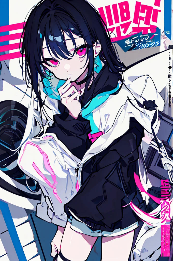 {{masterpiece}}, The best quality of life,、((Black long hair、Inside is blue、)Half-up twin ponytails)、(Pink Eyes)、big black earrings、Black choker、Beautiful details in the eyes、White background、Anime characters、((Black tube top、hot pants、Punk Fashion、A hoodie with long sleeves that cover your hands、Black short boots、Knee socks)、(Expressionless girl)、(White background)、((16-year-old girl))