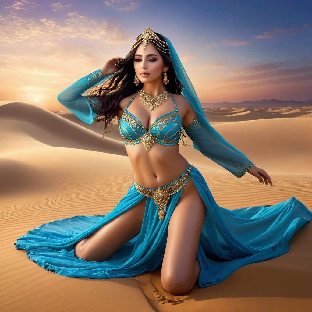 ((Masterpiece, top quality, high resolution)), ((highly detailed CG unified 8K wallpaper)), (huge stunning goddess shot, so hot and sexy, jaw dropping beauty, perfect proportions, beautiful body, slim body beauty:1.4), Desert princess, Arabian Nights scene, fantasy, wearing veil and belly dancer costume, lay down on sand, sunset over desert in background, trippy sky, long dark hair, almond eyes, see-through costume is blown by wind,