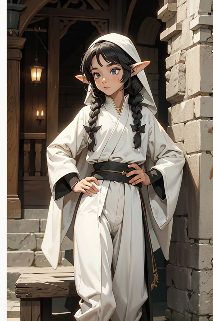elf, young cute boy, long hair, braids, young, cute, ,medieval clothes, black and white clothes, jester, tanned skin, robe, pants, long socks