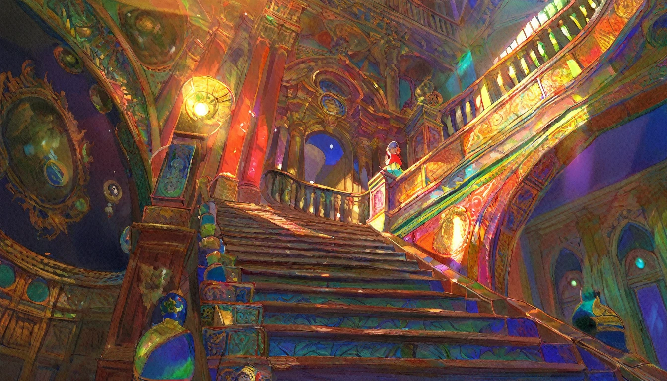 masterpiece,best quality,ultra detailed,by fuzichoco,(1girl:1.2),girl walking on stairs, dramatic lighting,female focus, centered