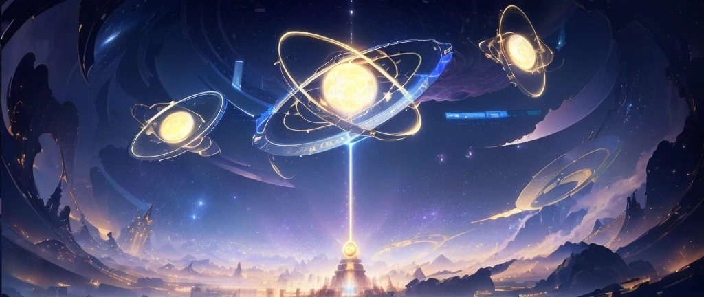 There is a tower in the background, Infinite Celestial Library, Infinite Space Clock Background, 4k solarpunk wallpaper, Concept Art Magic Highlights, Background artwork, The background is an endless universe, ball of time, Anime background main visual, Animation New Art Universe Display, 8K HD wallpaper JPEG artifact