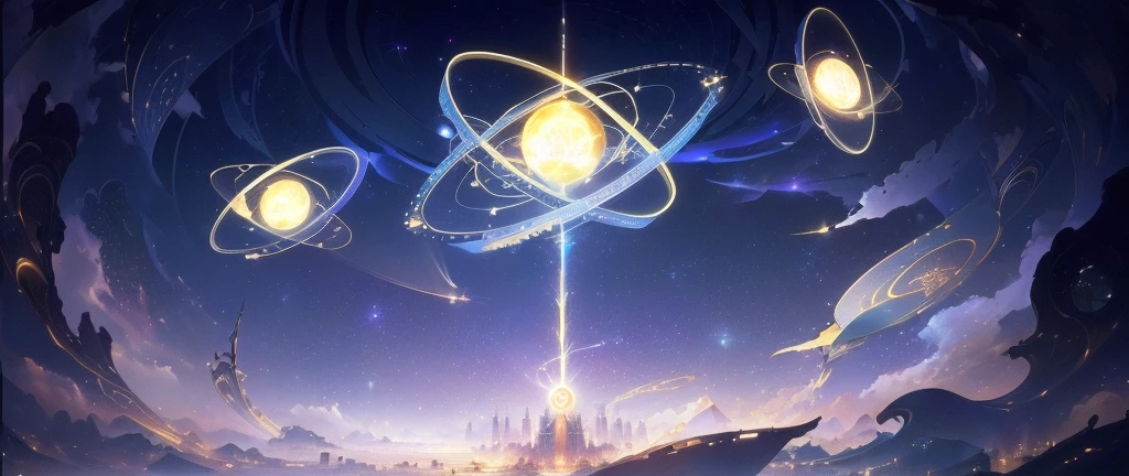 There is a tower in the background, Infinite Celestial Library, Infinite Space Clock Background, 4k solarpunk wallpaper, Concept Art Magic Highlights, Background artwork, The background is an endless universe, ball of time, Anime background main visual, Animation New Art Universe Display, 8K HD wallpaper JPEG artifact