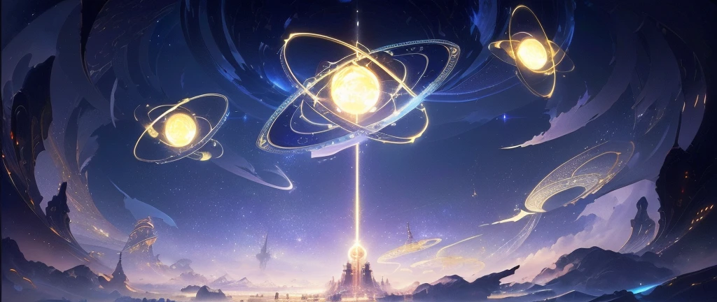 There is a tower in the background, Infinite Celestial Library, Infinite Space Clock Background, 4k solarpunk wallpaper, Concept Art Magic Highlights, Background artwork, The background is an endless universe, ball of time, Anime background main visual, Animation New Art Universe Display, 8K HD wallpaper JPEG artifact