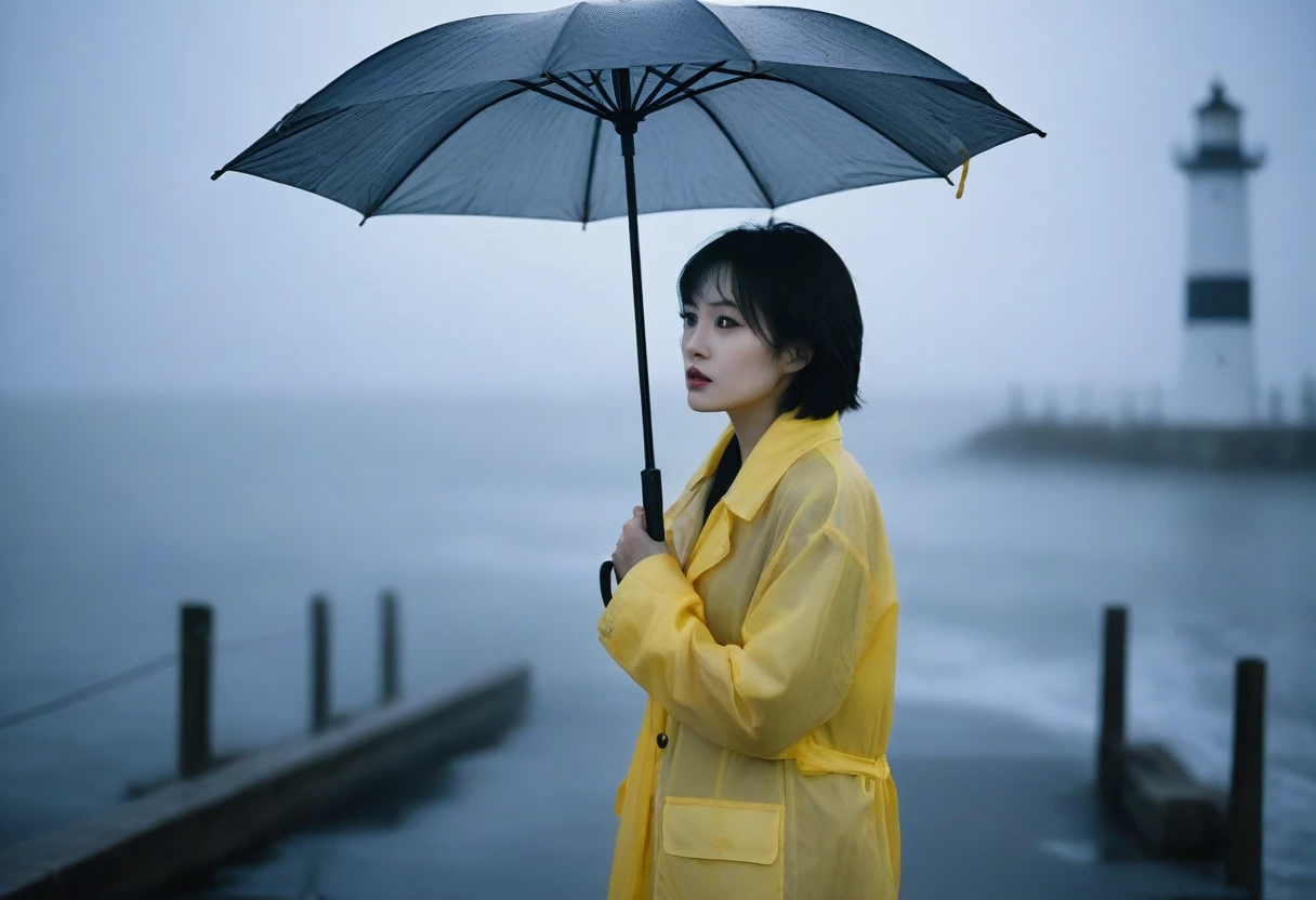 1 Korean woman in her 50s, short medium hair, solo, rain, Fog, cold, raincoat, boring, , pier, only, lighthouse, Coast, The dim light shines in the Fog,and the figure stands in the Fog holding an umbrella, (명암대rain, cinematic lighting, shadow, film grain, anatomically correct, accurate, Awards, 8K) realistic photo
