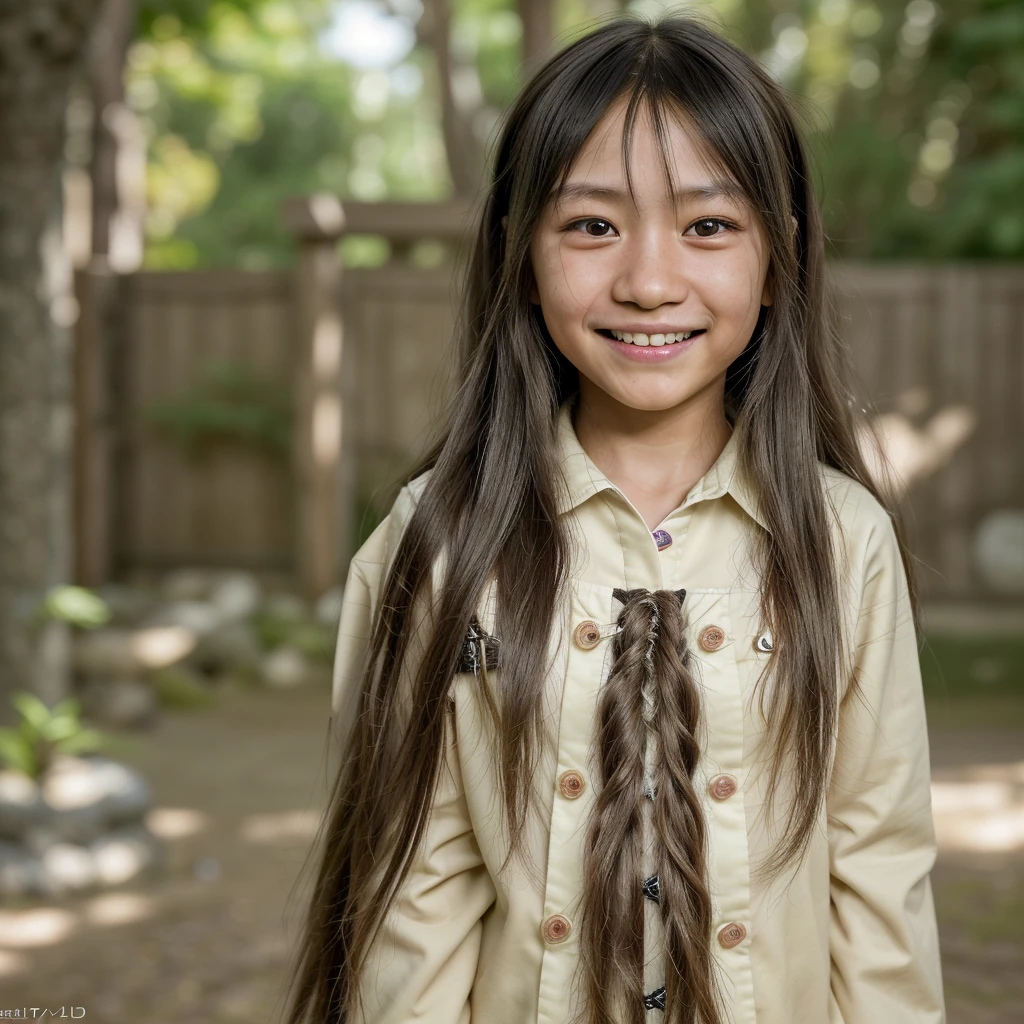 A -yeld Jaese girl with long hair, natural skin structure, 4k textures, HDR, complicated, muito detalhado, keen focus, hyper detailed that plays at home and smiles