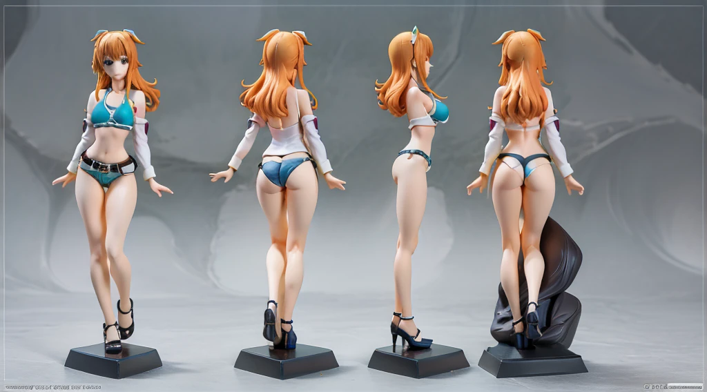 ((Best Quality)), ((Masterpiece)), (((detailed character sheet, frontal view, side view, three quarter view))) white background、one piece、whole body、whole bodyイラスト、whole bodyアニメーション、whole bodyリファレンスシート、denim、Tank top、High heels、Swimwear、bikini、original、New World、Long Hair、Orange Hair、Tattoo on left arm、Ring belt、Heighten your head、smile、Cute face、Narrow waist、Long legs、Beautiful feet、9 heads body、beautiful lady、small head、3D