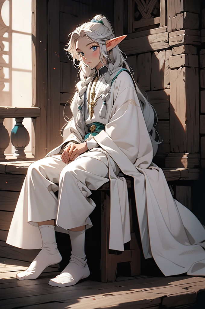elf, young cute boy, long hair, braids, young, cute, ,medieval clothes, black and white clothes, jester, tanned skin, robe, pants, long socks
