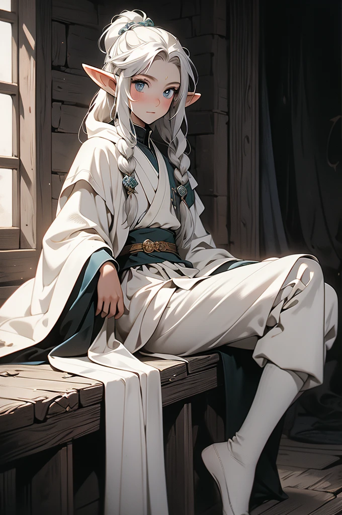 elf, young cute boy, long hair, braids, young, cute, ,medieval clothes, black and white clothes, jester, tanned skin, robe, pants, long socks
