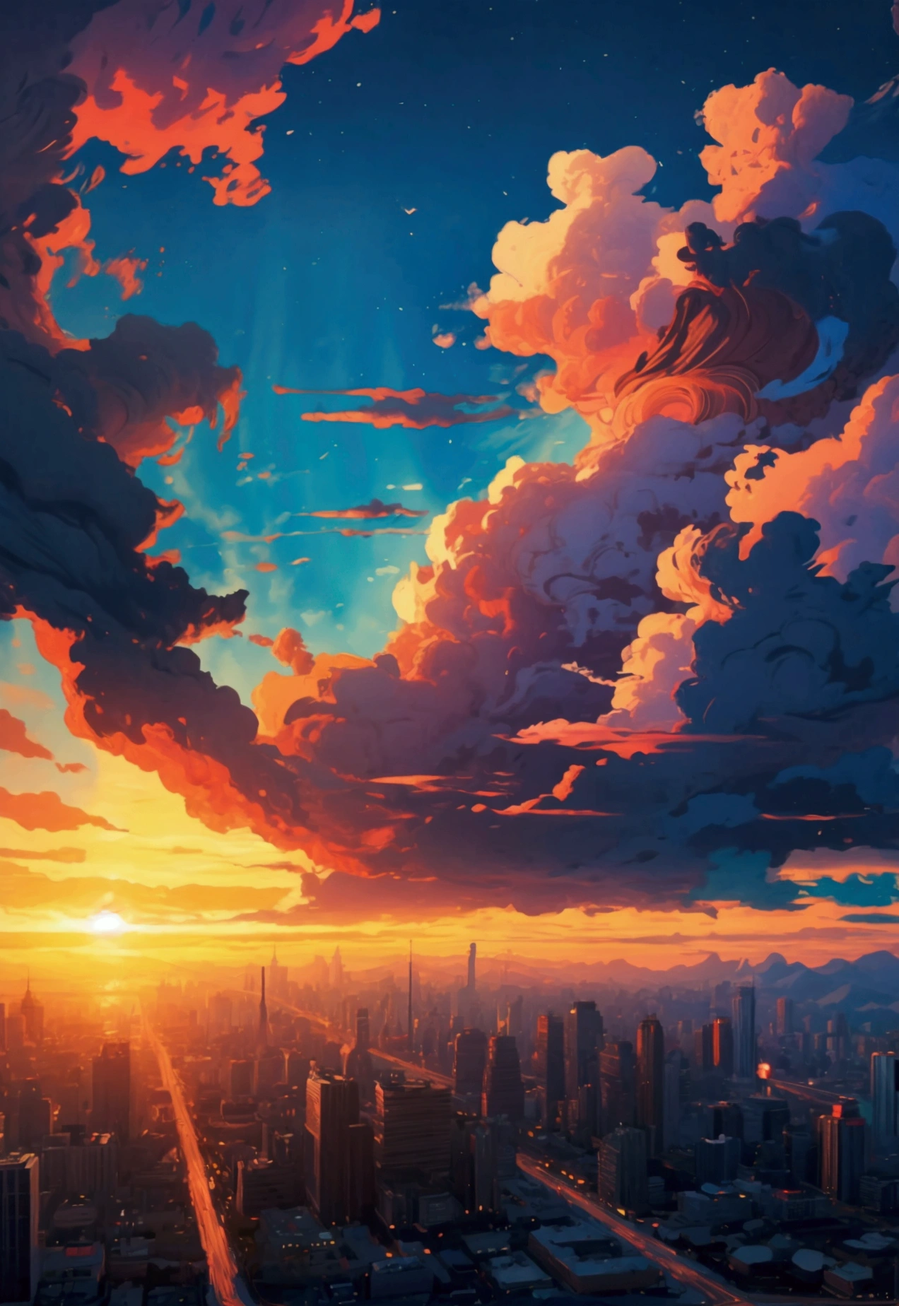 Sci-fi city surrounded by dark clouds at sunset (retrotide:1)