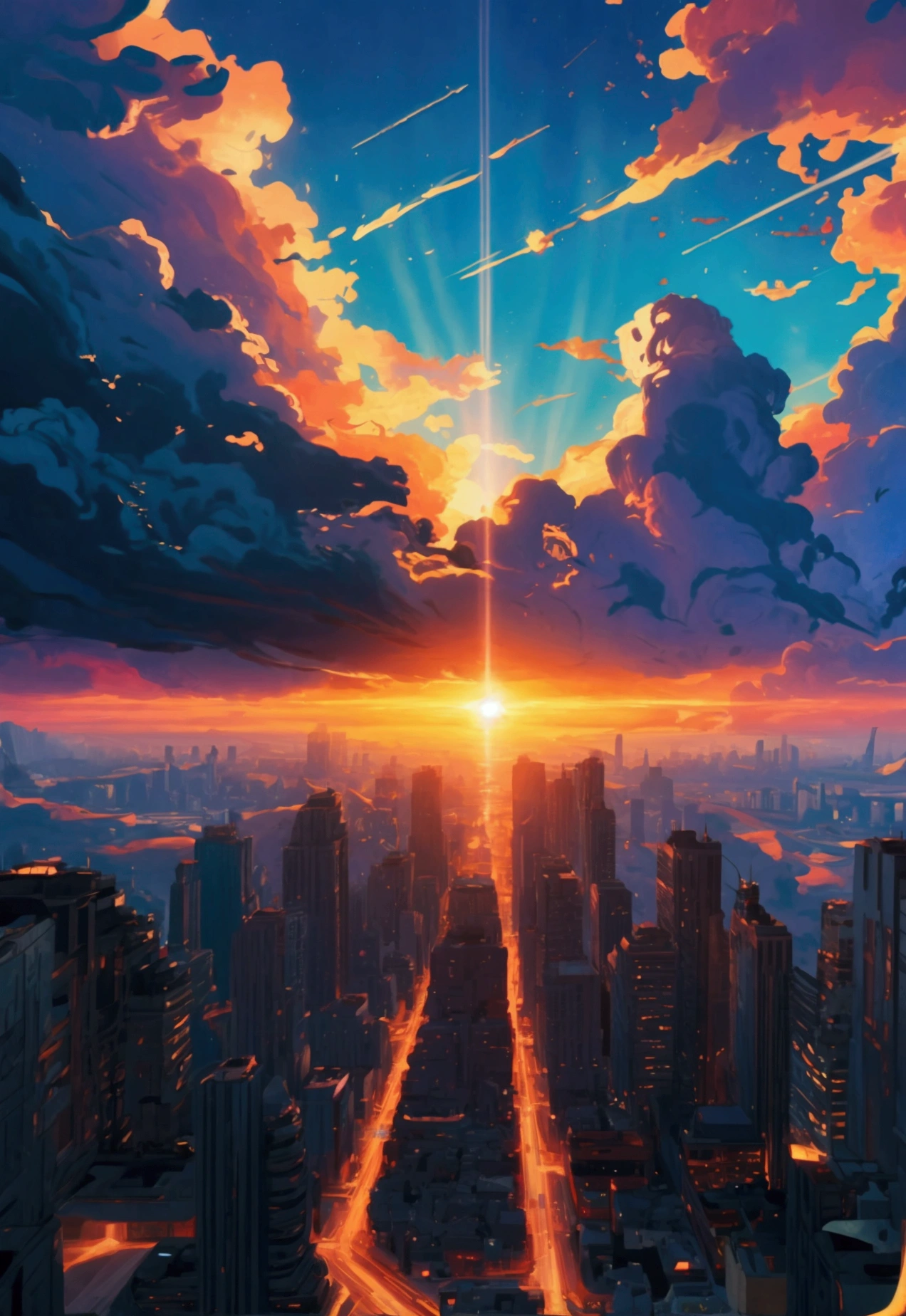Sci-fi city surrounded by dark clouds at sunset  (retrotide:1) 
