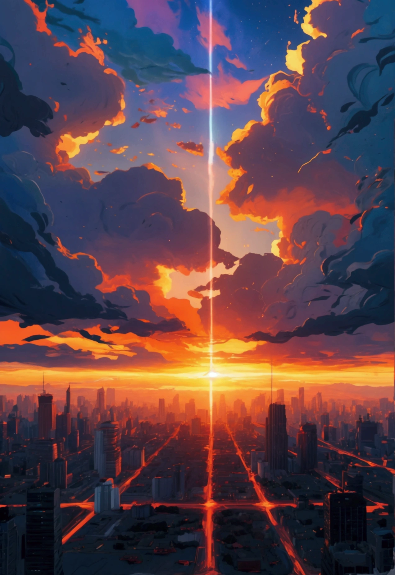 Sci-fi city surrounded by dark clouds at sunset (retrotide:1)