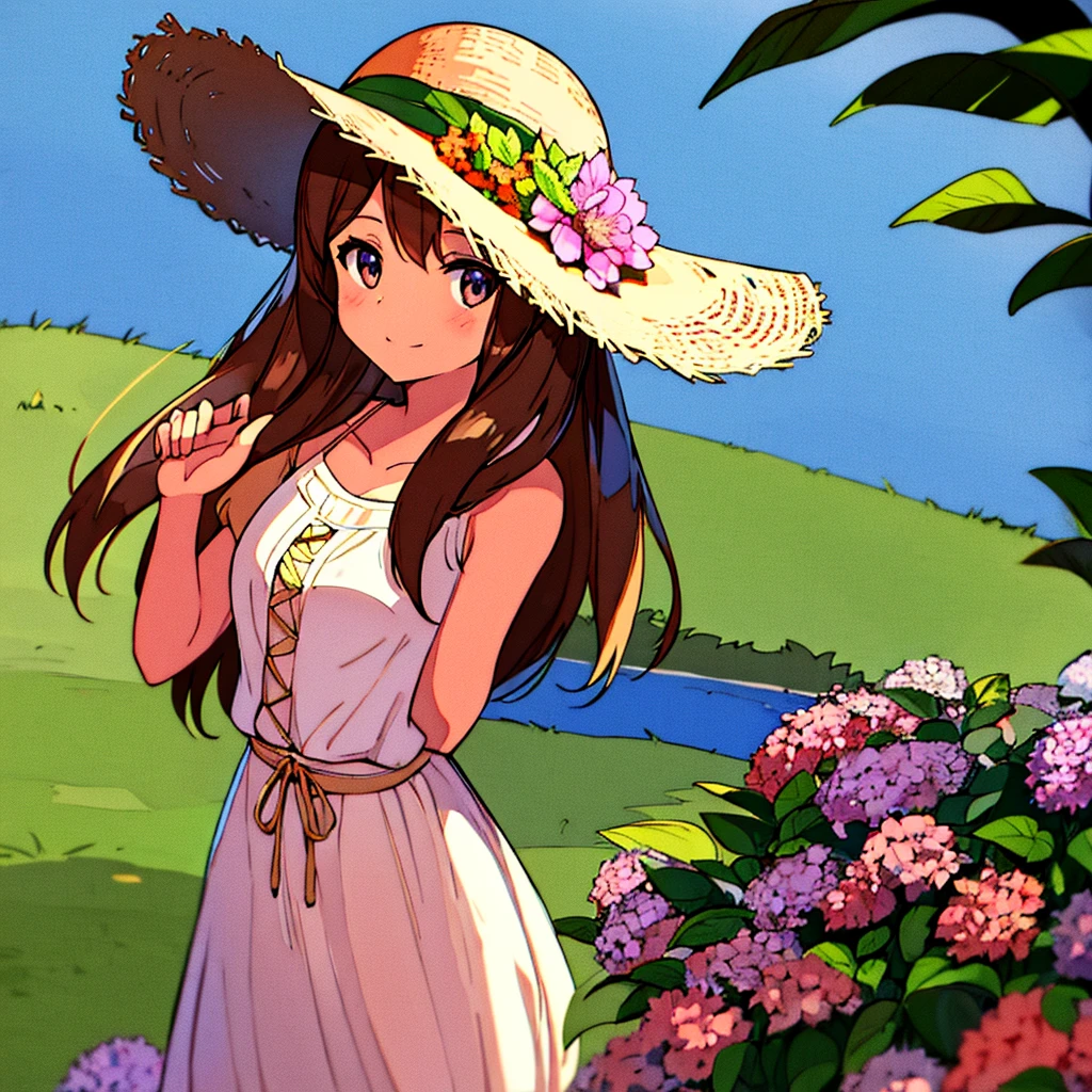 Summer Straw hat girl Brown hair Hydrangea flower Nostalgic