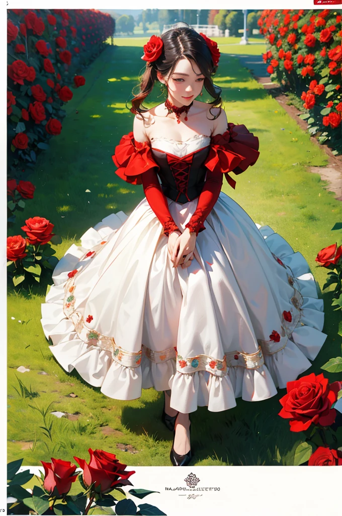 (in 8K、top-quality、​masterpiece:1.2)、A red rose in a garden behind it