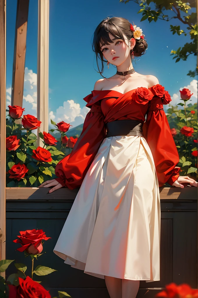(in 8K、top-quality、masterpiece:1.2)、A red rose in a garden behind it
