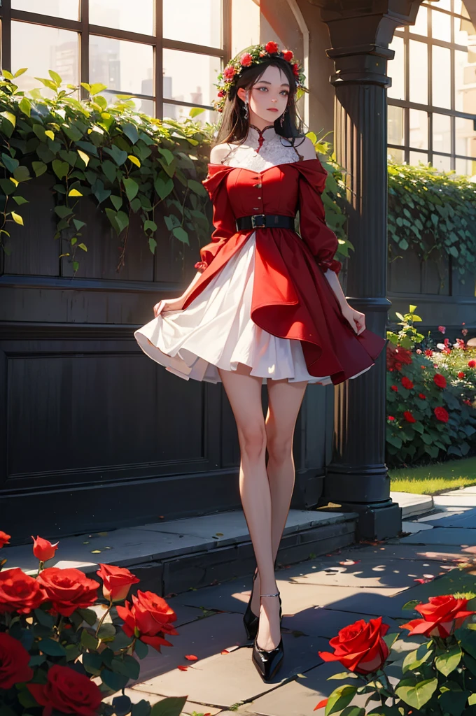 (in 8K、top-quality、​masterpiece:1.2)、A red rose in a garden behind it