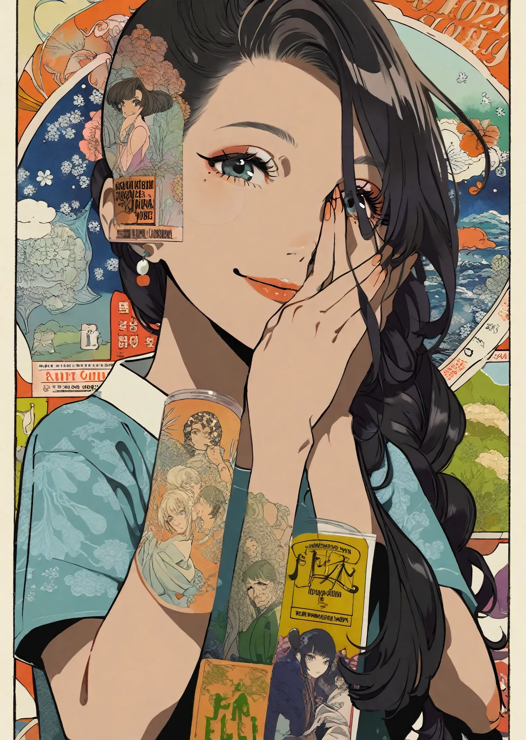 by yoneyama mai , by tsubonari, by demizu posuka
a stunning girl with a shy smile
beautiful,
poster
upper body
hands on face
beautiful, aesthetic, detailed, beautiful color
amazing quality, best quality, high quality