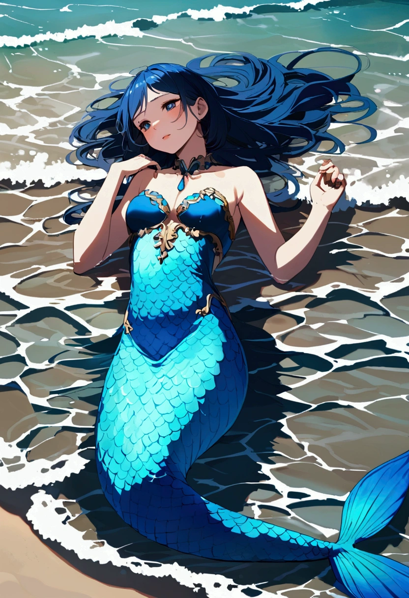 Blue mermaid lying on the shore