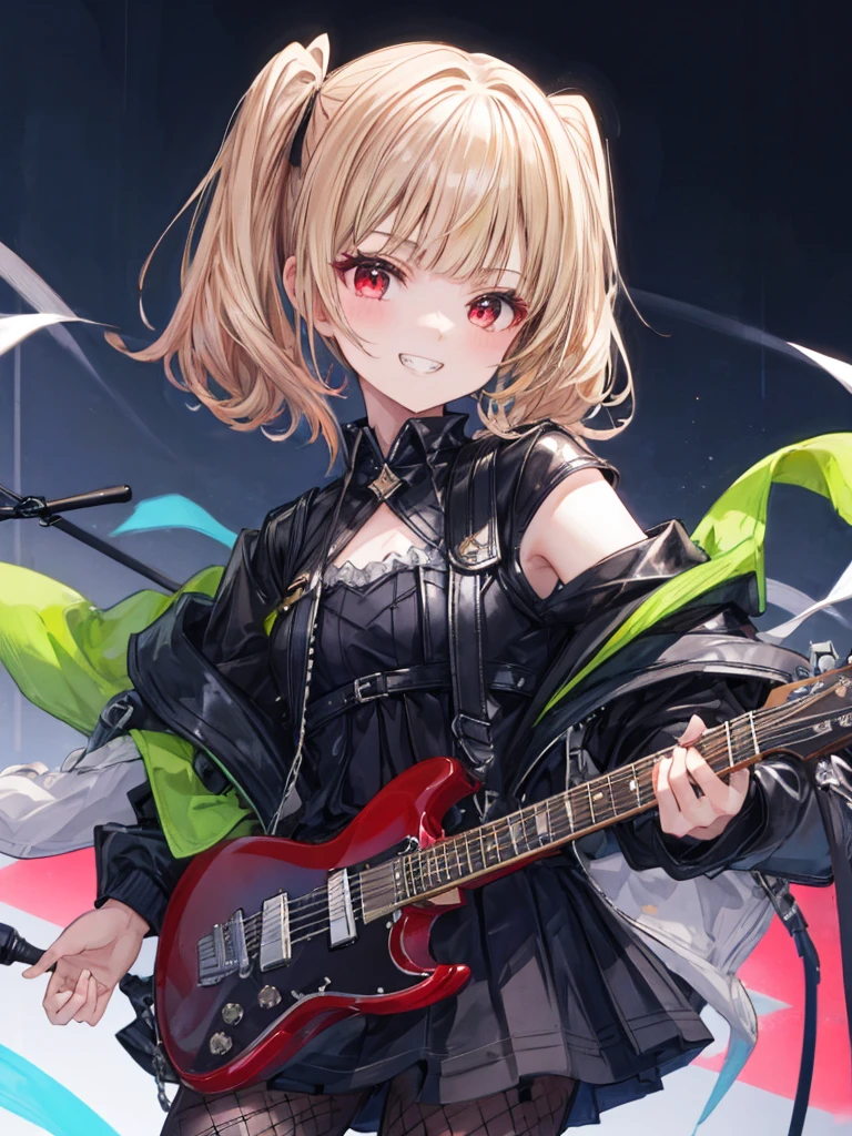 ((masterpiece、Highest quality、Very detailed))、One Girl、Black Hair、short hair、Twin tails、Blunt bangs、Red eyes、Wicked Smile、((Grin))、Small breasts、((Black ruffled clothes))、Off the shoulder、Strapless、((Black leather jacket))、((Checked skirt))、Edge skirt、Multiple Chains、Fishnet tights、Cowboy Shot、I have an electric guitar、DJ Club Background