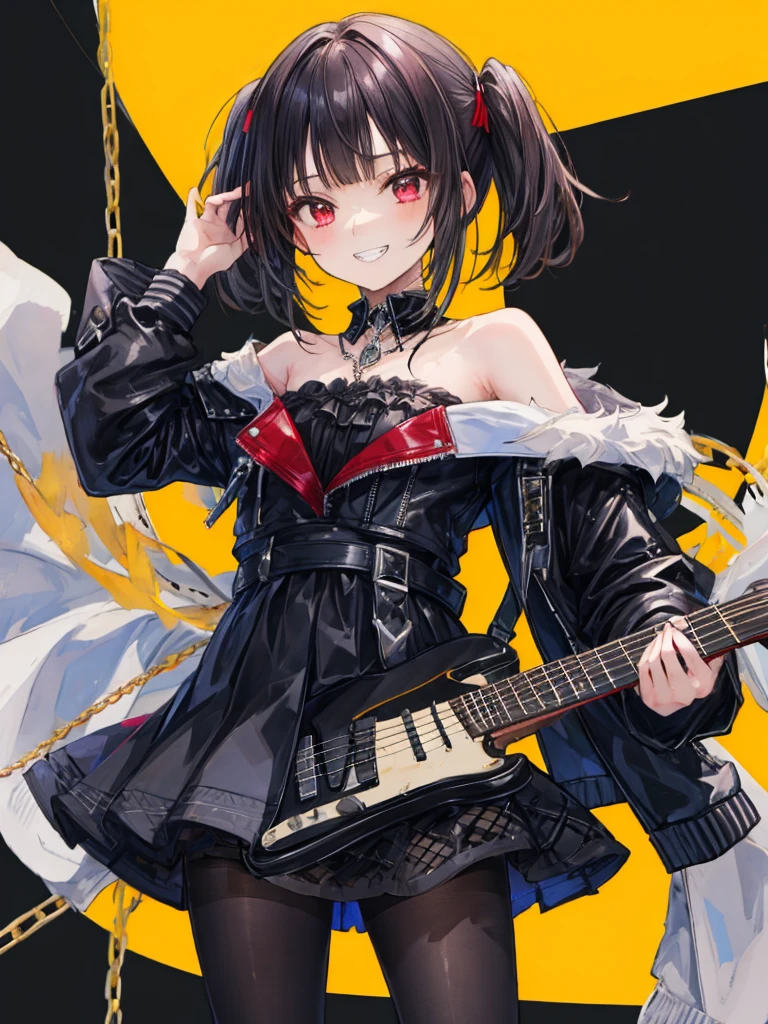 ((masterpiece、Highest quality、Very detailed))、One Girl、Black Hair、short hair、Twin tails、Blunt bangs、Red eyes、Wicked Smile、((Grin))、Small breasts、((Black ruffled clothes))、Off the shoulder、Strapless、((Black leather jacket))、((Checked skirt))、Edge skirt、Multiple Chains、Fishnet tights、Cowboy Shot、I have an electric guitar、DJ Club Background