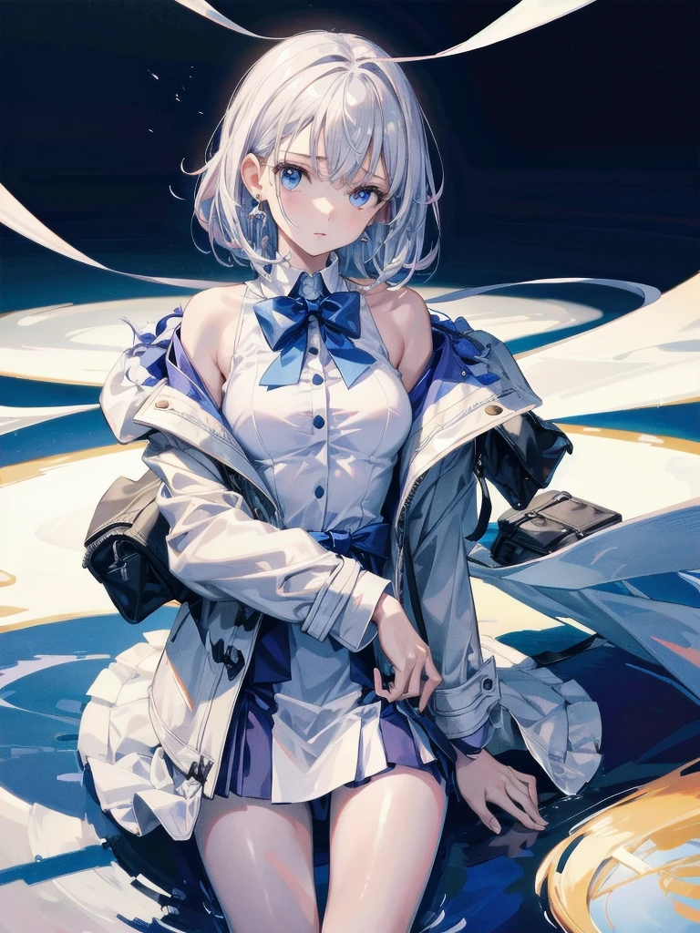 absurdres, RAW photo, extremely delicate and beautiful, masterpiece, Best Quality, ultra high resolution, 32k, hyperrealistic, ultra-detailed, perfect figure, in her 20s, very small head, very small face, delicate facial features, tearful mole, earring, very huge breasts, bare legs, full body shot, medium hair, school_uniform, duffle coat,