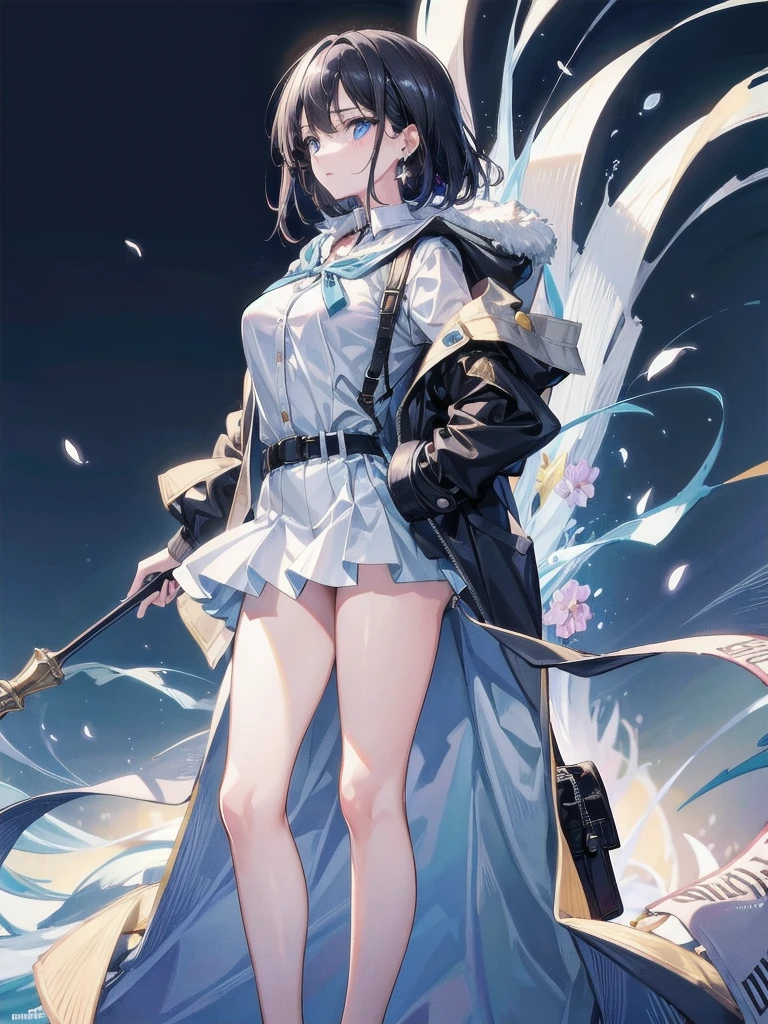 absurdres, RAW photo, extremely delicate and beautiful, masterpiece, Best Quality, ultra high resolution, 32k, hyperrealistic, ultra-detailed, perfect figure, in her 20s, very small head, very small face, delicate facial features, tearful mole, earring, very huge breasts, bare legs, full body shot, medium hair, school_uniform, duffle coat,
