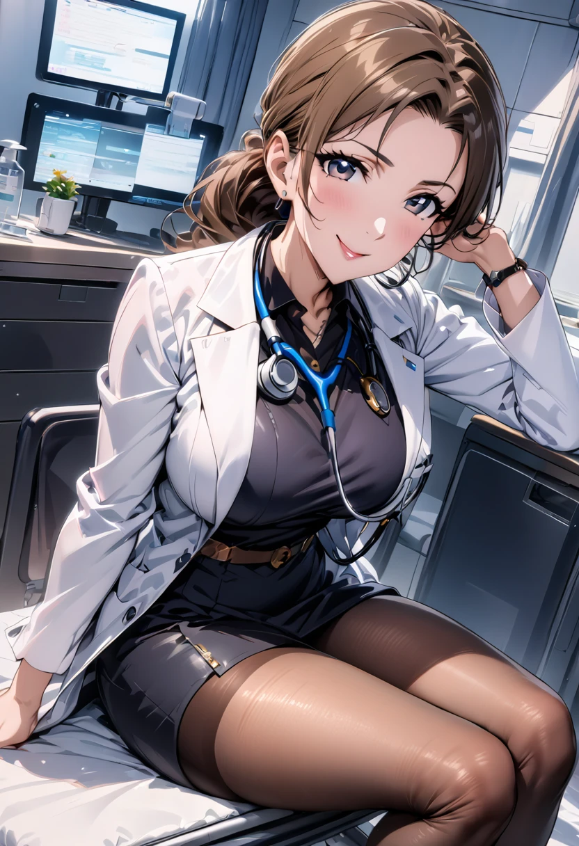 8K picture quality, ultra high definition, stunning mature beauty, intellectual elegance, brown hair, (best quality, masterpiece: 1.2),1lady solo, sitting, (looking at viewers), (white lab coat) stylish outfit, mature female, /(dark brown hair/) bangs, kind smile, (masterpiece best quality:1.2) delicate illustration ultra-detailed, large breasts, pantyhose, /(stethoscope around neck/) BREAK (hospital examination room) indoors, work desk, detailed background，(((doctor)))