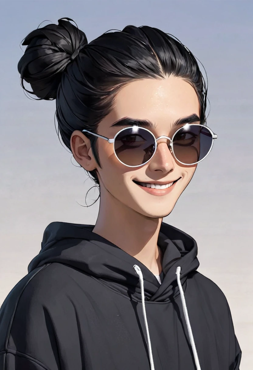 1 boy, black hair large shoulder tied in a man bun , black eyes, clear skin, place sunglasses black over your eyes, hoodie, smiling