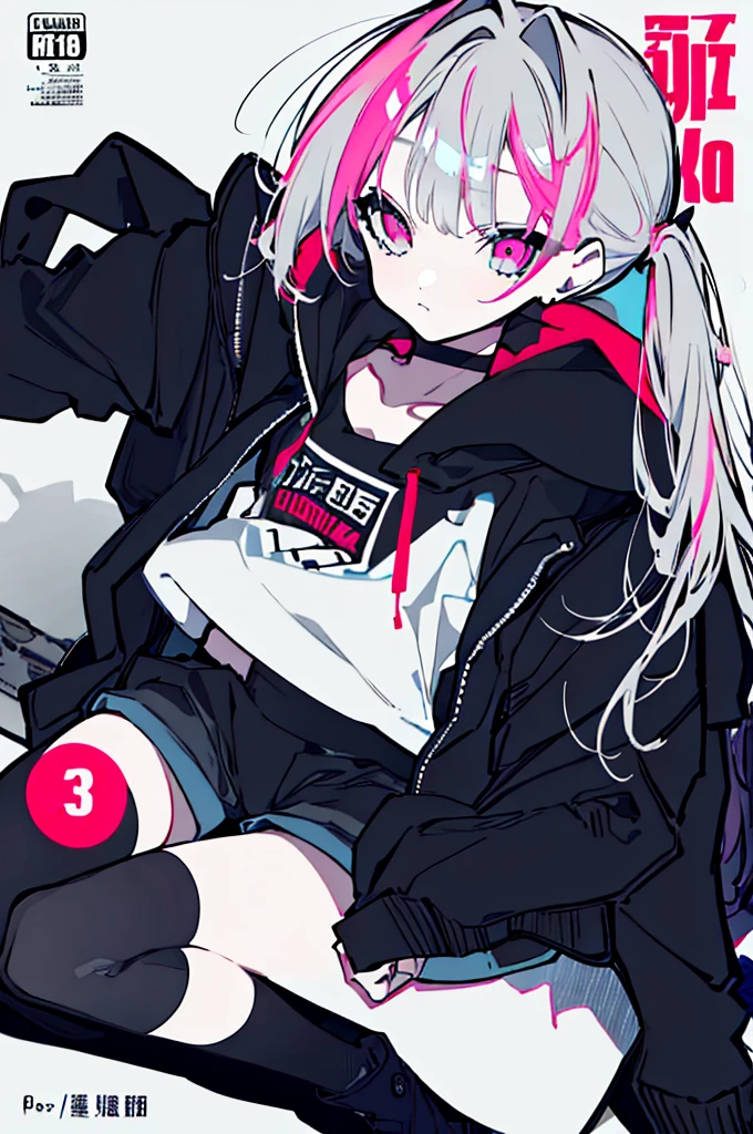 {{masterpiece}}, The best quality of life,、((Black long hair、Inside is blue、)Half-up twin ponytails)、(Pink Eyes)、big black earrings、Black choker、Beautiful details in the eyes、White background、Anime characters、((Black tube top、hot pants、Punk Fashion、A hoodie with long sleeves that cover your hands、Black short boots、Knee socks)、(Expressionless girl)、(White background)、((16-year-old girl))