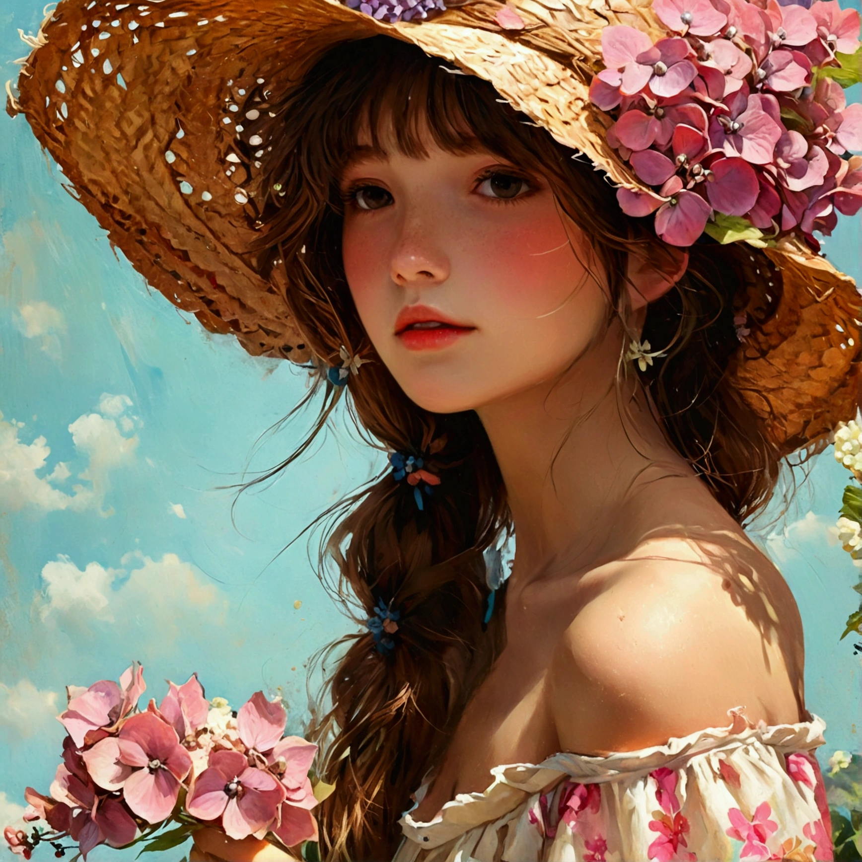 Summer Straw hat girl Brown hair Hydrangea flower Nostalgic