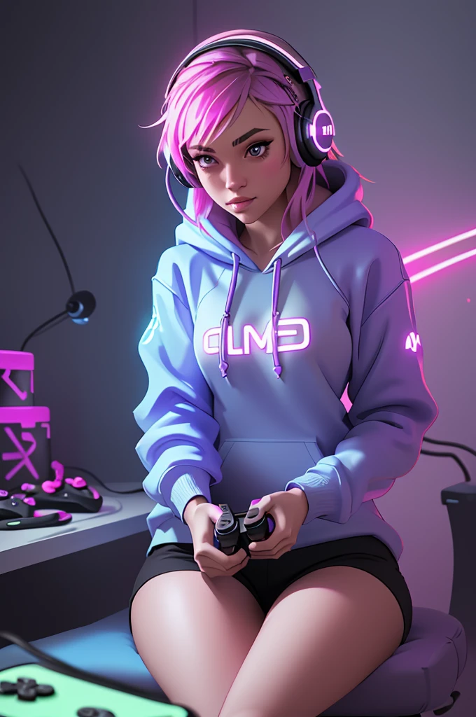 DEN_swordgirlfrend_OF,
(sitting at a computer wearing headphones and playing games (holding a controller:1.2) wearing a (hoodie:1.2) in a (neon lit room:1.3), (gamer:1.2), gaming, (gamer girl:1.3), games, (purple lighting, neon:1.2):1.2),
bokeh, f1.4, 40mm, photorealistic, raw, 8k, textured skin, skin pores, intricate details  epiCRealism
