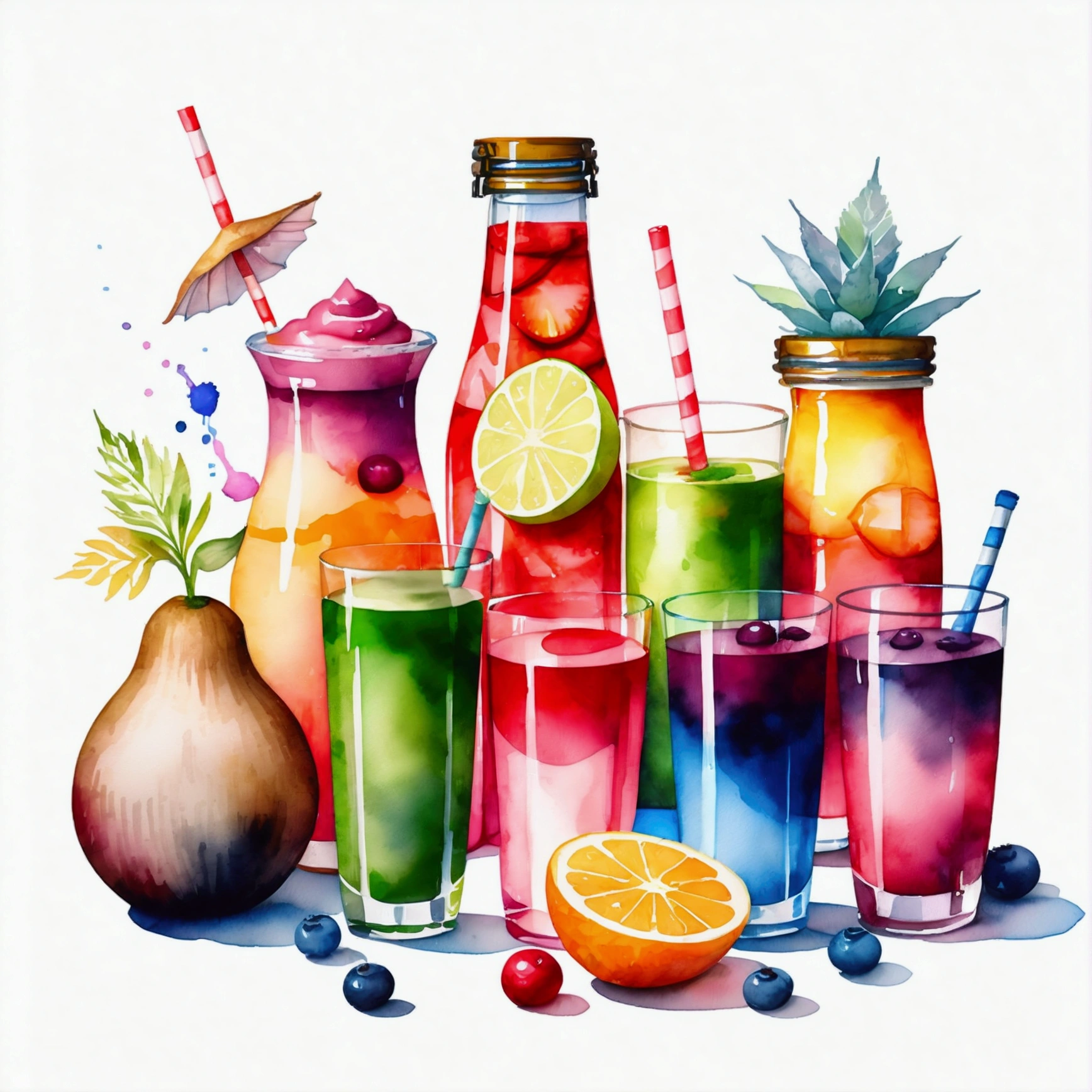 there are many types of colorful healthy drinks served in glasses, the glasses sitting on a surface, juices, smoothie, illustration, isolated with solid white background, surrounded with negative space, centered composition, highest detailed painting, very precise line, Isolated, clear (((solid white background))), perspective angle of view, ((watercolor:1.5)), (lora:add-detail-xl:1), (masterpiece), (best quality), no bread on the floor, washed out color, (ghibli)