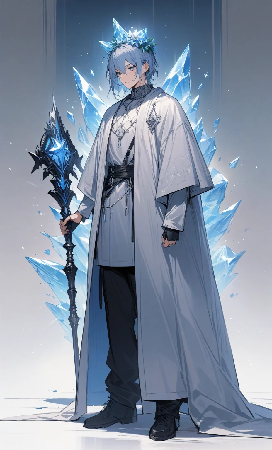 check_9, check_8_up, check_7_up, check_6_up, check_5_up, check_4_up, SorakaLoLXL, masterpiece, Best quality, A high resolution, bbandro,( 1boy), concept, ice grows on your head, gray blue hair, ice robe, full height standing with a staff, gray short