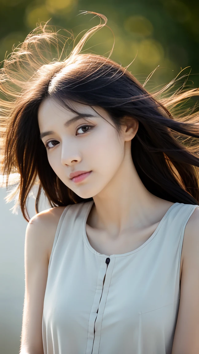 masterpiece,best quality,ultra detailed,highres,high-resolution,4k,realistic,RAW photo,((real person)),portrait photography,photorealistic,detailed skin,(delicate black eyes ), A soothing woman with sagging eyes,Calm and calm, middle hair,skinny,clothing,The wind is blowing,tareme