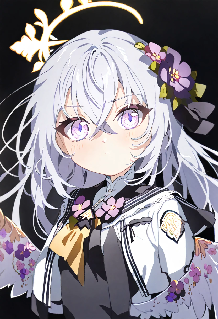 azusa \(blue archive\),  1girl angel_wings black_dress blush breasts closed_mouth dress feathered_wings flower grey_hair hair_between_eyes hair_flower hair_ornament halo jacket long_hair open_clothes open_jacket purple_eyes purple_flower simple_background sleeveless sleeveless_dress small_breasts solo twitter_username white_background white_jacket white_wings wings yellow_halo