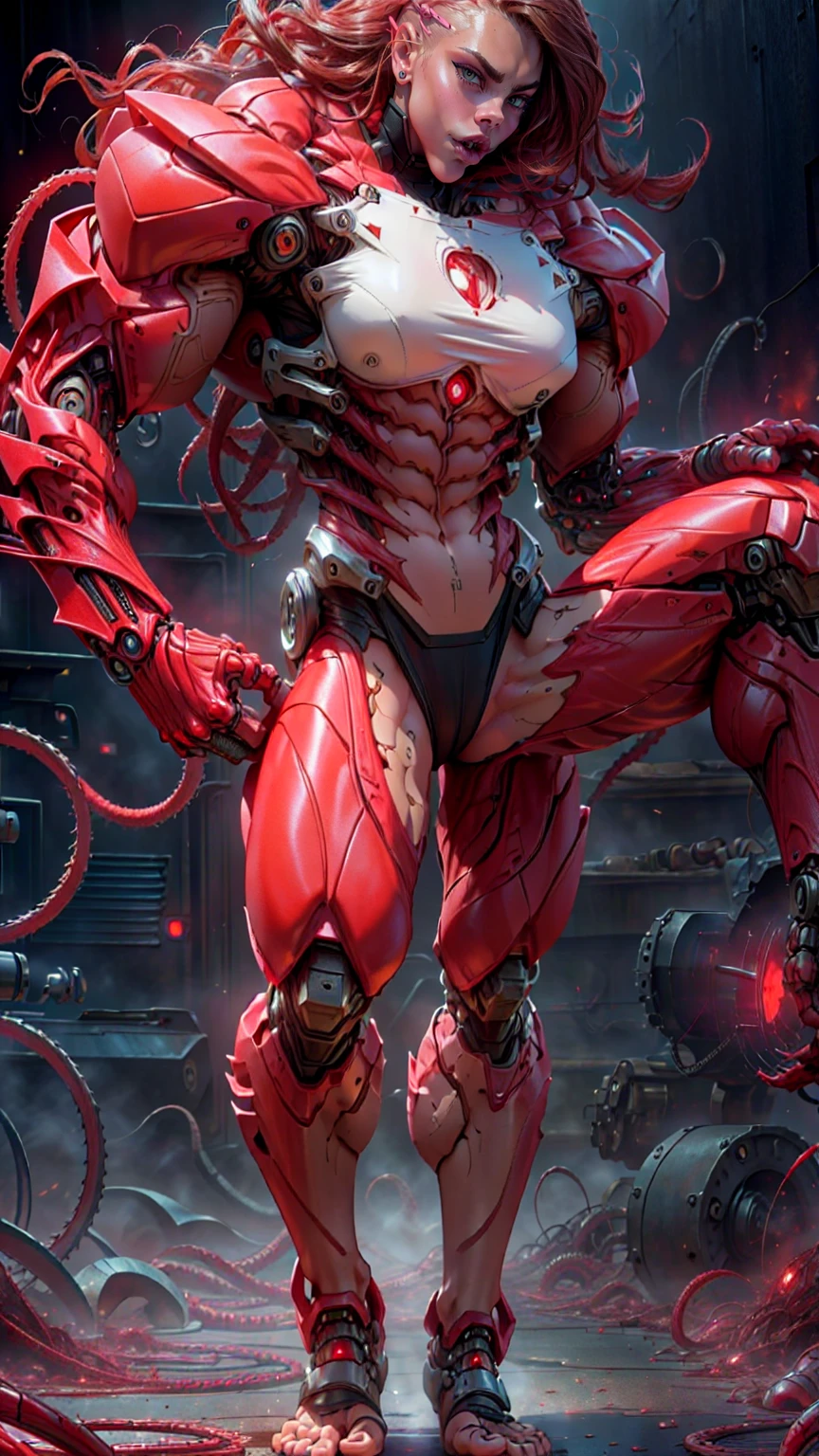 (beautiful girl:1.25), (megan fox:1.25), (young bodybuilder girl wearing cybernetic muscle suit:1.25), carnage muscular physique, seductive face, mouth wide open carnage style, long red hair, perfect muscular body, super skinny legs, sissy, femboy, (carnage style physique)