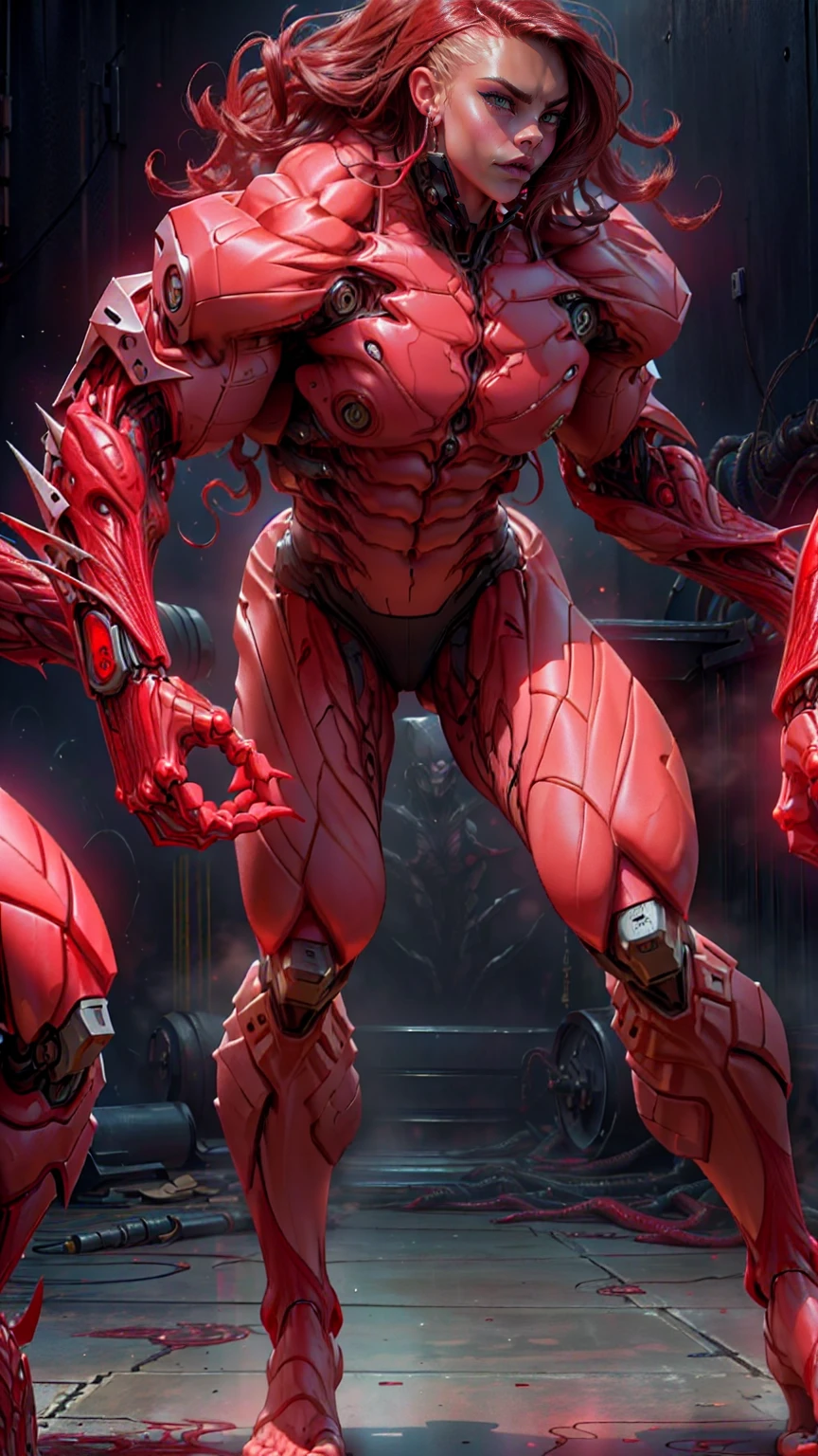 (beautiful girl:1.25), (megan fox:1.25), (young bodybuilder girl wearing cybernetic muscle suit:1.25), carnage muscular physique, seductive face, mouth wide open carnage style, long red hair, perfect muscular body, super skinny legs, sissy, femboy, (carnage style physique)